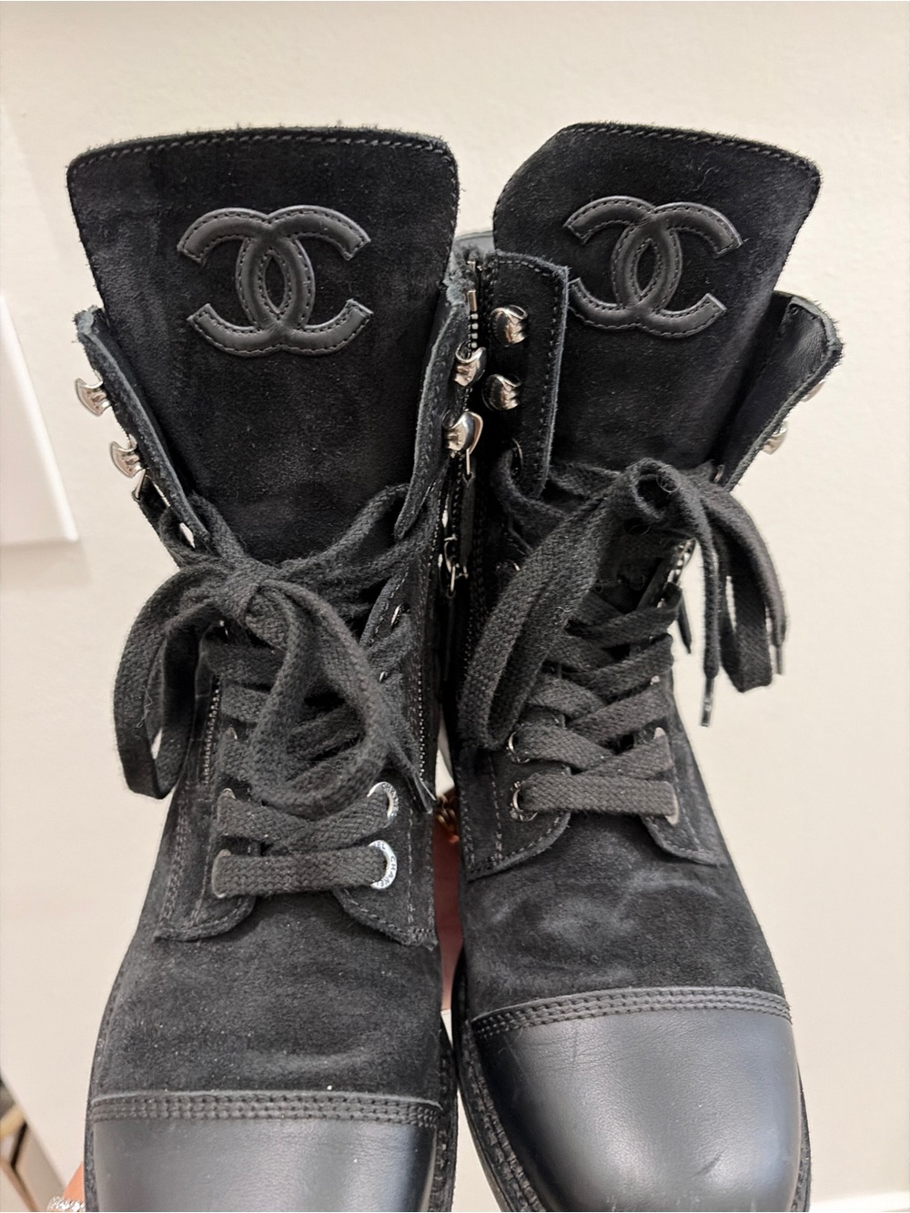 CHANEL Black Suede & Leather Lace-Up Combat Boots